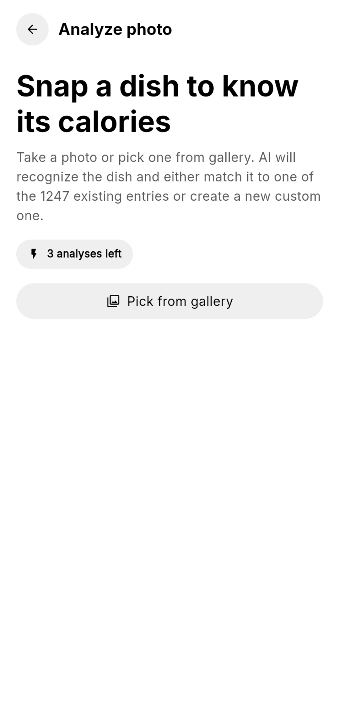 Nibble — Analyze photo screen. Snap a dish, AI recognizes it.